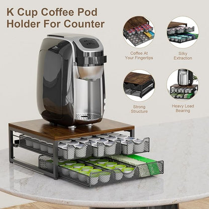 Coffee Pod Holder For Counter, 3 Pull-Out 72 K-Cup Holder Drawer, Wooden Cafe Pods Storage Organizer with Sliding Drawers for Coffee Station, Home, Kitchen, Office, Dorm (Antique Finish)