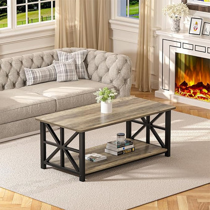 GreenForest Coffee Table for Living Room with Round Corners Farmhouse Style Center Table with Storage Shelf 39 Inch Space Saving Easy Assembly Gray Wash | for Living Room
