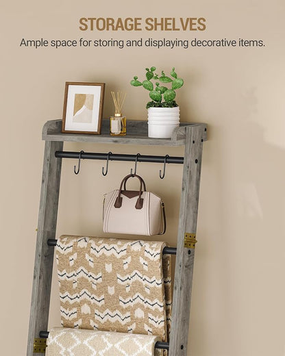 Hzuaneri Blanket Ladder Shelf, Decorative Quilt Rack, 7-Tier Farmhouse Ladder Holder Organizer with 4 Removable Hooks 7.9" D x 17.3" W x 66.9" H, Greige BR36805B