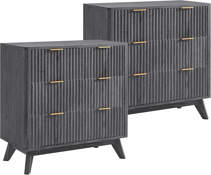 T4TREAM Fluted 3 Drawers Nightstand Set of 2, Oversized Extra Large Modern Side Table, End Table Bedside for Bedroom, Living Room, Curved Profile Design, Dark Alder