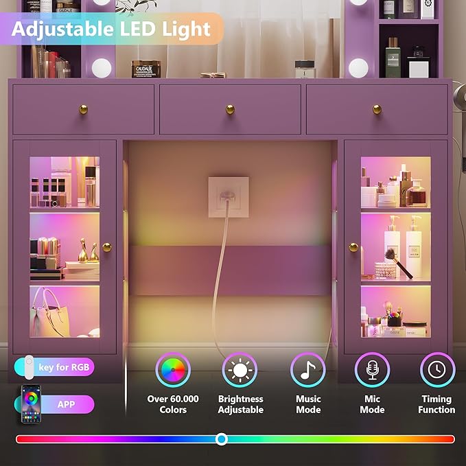 Purple Vanity Desk with Mirror and Lights, Glass Top Vanity with Lighted Mirror & RGB Glass Cabinet and 3 Drawers, Makeup Desk with Lights Dressing Table for Bedroom, 3 Color Modes