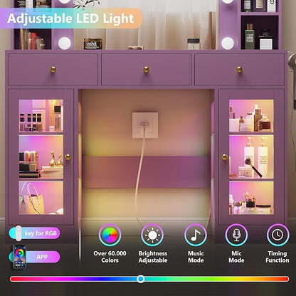 Purple Vanity Desk with Mirror and Lights, Glass Top Vanity with Lighted Mirror & RGB Glass Cabinet and 3 Drawers, Makeup Desk with Lights Dressing Table for Bedroom, 3 Color Modes