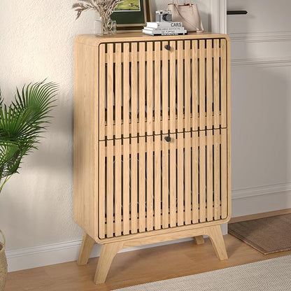 Narrow Shoe Cabinet Storage for Entryway, Modern Cabinet Rack with 2 Flip Drawers, Slim Wood Fluted Entry Way Shoe Organizer, Wooden, Small, Farmhouse, Freestanding, Natural Oak (39.4 Inch)