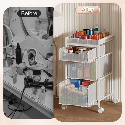 JKsmart Rolling Makeup Cart Organizer with 3 Drawers, Cosmetics Display with Dividers, Floor Skincare Storage with Wheels, Versatile Vanity Organizer for Nail Polish Perfume Brush Hair Tool, White