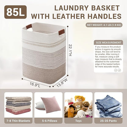 SunNewt 85L Tall Laundry Hamper with Handles for Living Room Storage, Extra Large Woven Rope Baskets Bin for Blanket, Kids Toy, Gifts, Wicker Hamper for Bedroom Dirty Clothes, 17"x14"x22" White Brown