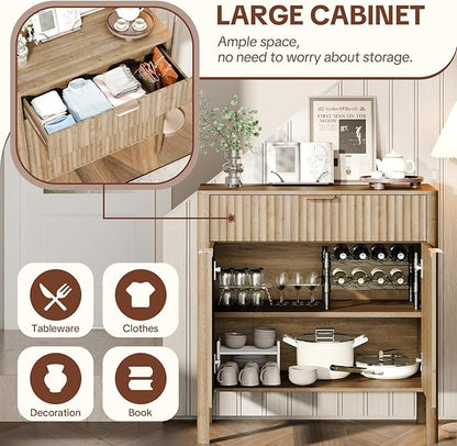 Sideboard Buffet Cabinet with Storage - Modern Fluted Credenza with Doors & Drawer, Accent Cabinet Coffee Table Bar Counter Bookcase for Living Room Kitchen Dining Room Entryway 31" H Oak
