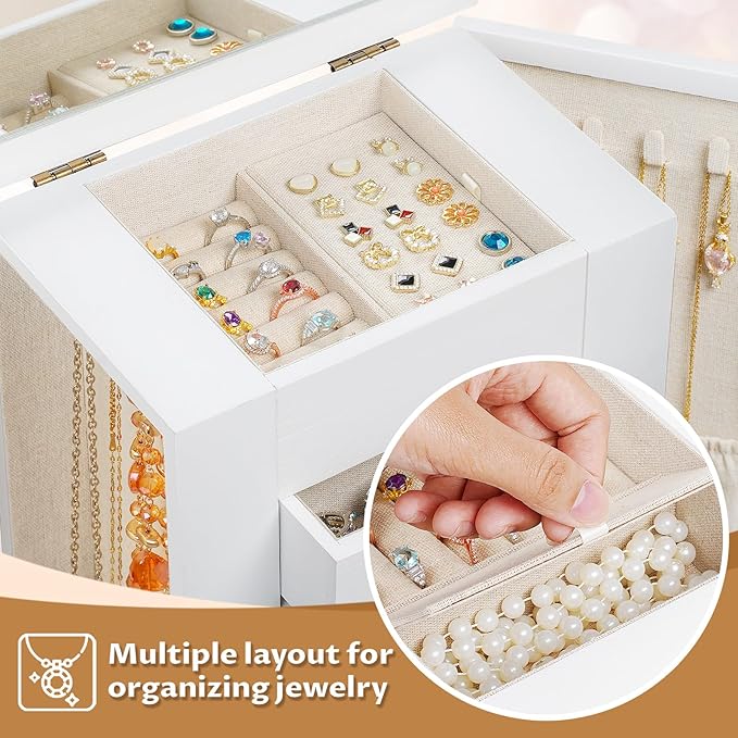 Emfogo Jewelry Box for Women, 5 Layer Large Wood Jewelry Boxes & Organizers for Necklaces Earrings Rings Bracelets, Rustic Jewelry Organizer Box with Drawers and Mirror (Vintage White)