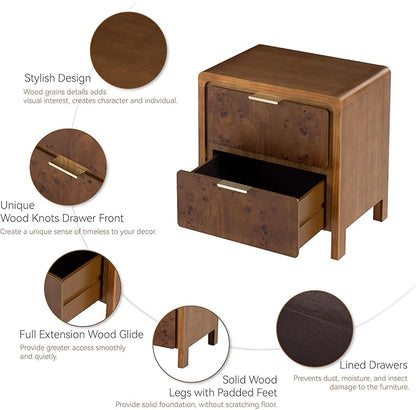 COZAYH Farmhouse Nightstand Set of 2 with 2 Drawer, Distressed Wood Rustic Accent Bedside Table, Burl Finish Side Table for Bedroom, Entryway, Fully Assembled, Brown