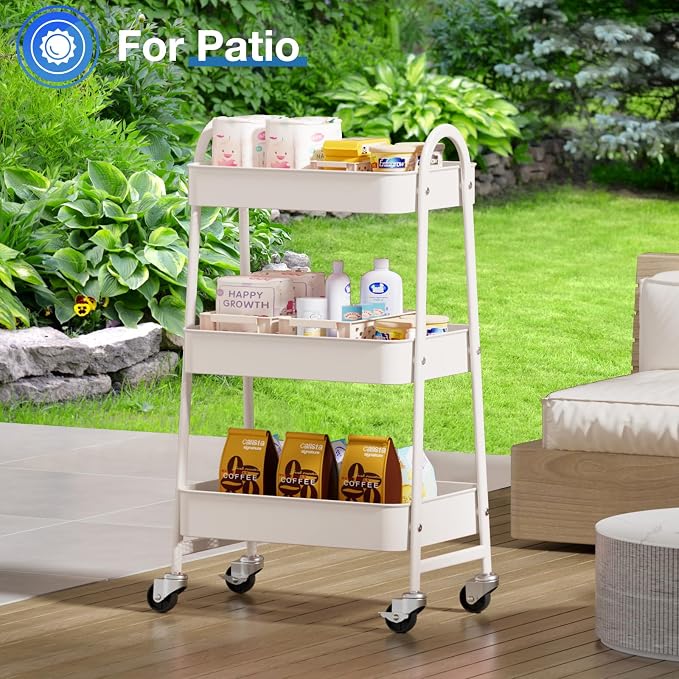 OLIXIS Metal Utility Cart, Mobile Rolling Storage Shelf with Lockable Caster Wheels, Organization for Livingroom, Bathroom & Narrow Places, 3 Tiers White