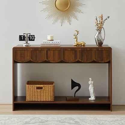 ORRD Console Table with Drawers, Mid-Century 43 Inches Narrow Entryway Tables with Open Storage Shelves, Hallway Accent Tables Behind Couch Table for Living Room - Walnut