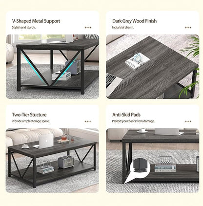 FOLUBAN Coffee Table with Storage, Modern Small Center Tables for Small Spaces, Rustic Wood and Metal Cocktail Table for Living Room, 39.3 Inch Dark Gray