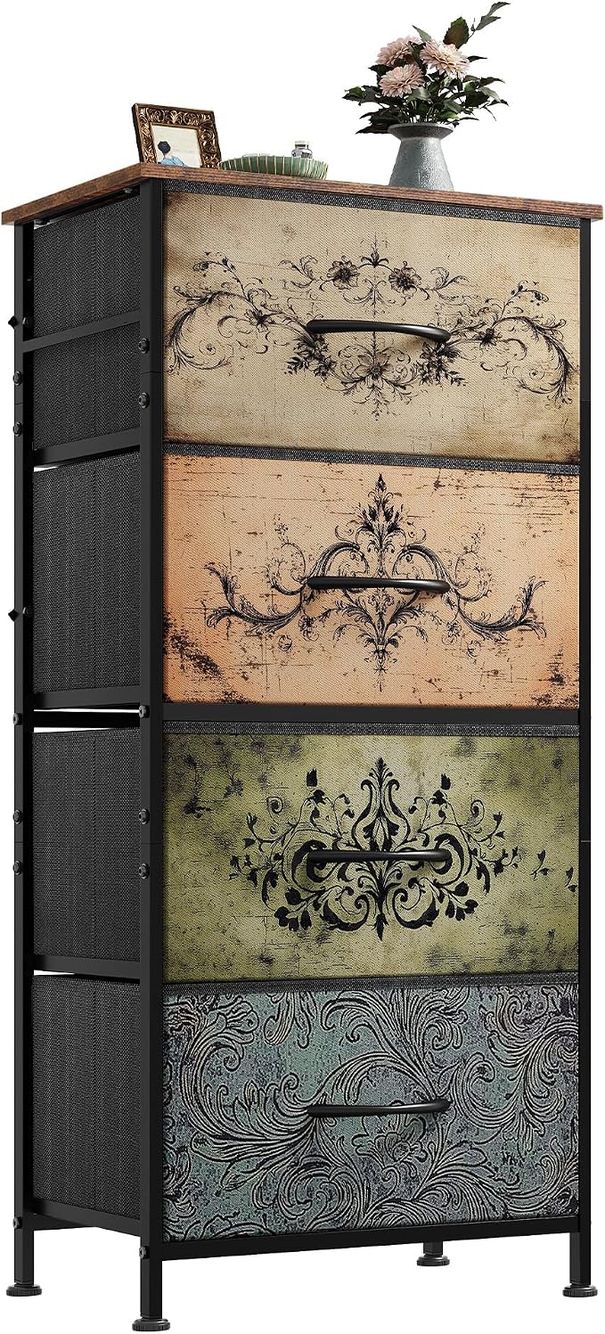 WLIVE Dresser with 4 Drawers, Storage Tower, Organizer Unit, Fabric Dresser for Bedroom, Hallway, Entryway, Closets, Sturdy Steel Frame, Wood Top, Easy Pull Handle, Pattern