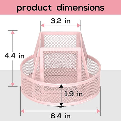 YINGHUA Metal Mesh Desk Organizer with 5 Compartments and Rotating Pencil Holder Pen and Stationery Organizer for Office Home School Anti Slip Base Pink