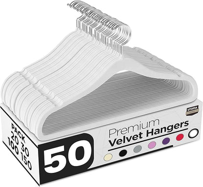 Utopia Home Velvet Hangers 50 Pack – Luxury Non-Slip Slim Suit & Coat Hangers, Strong Space-Saving Clothes Hangers with Pants Bar and 360° Swivel Hook – White