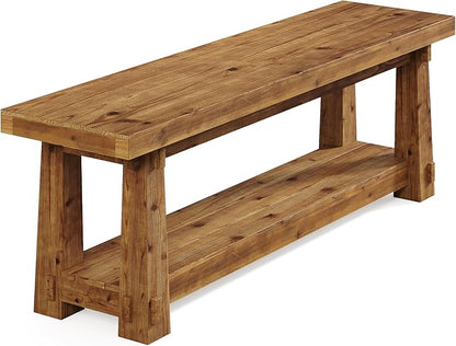 55" Solid Wood Entryway Bench with Shoe Storage, Rustic Hardwood Finishes Foyer Bench with Open Shelf for Hallway, Mudroom, Bedroom, Easy Assembly