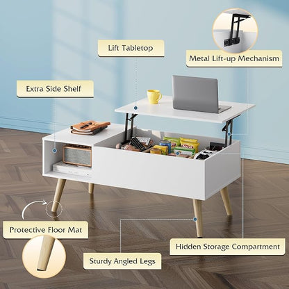 WLIVE Coffee Table for Living Room, Lift Top Coffee Table with Storage, Small Rising Wooden Dining Center Table with Storage Shelf & Hidden Compartment, 39" White