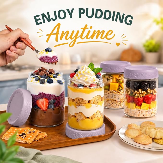 16 oz Overnight Oats Containers with Lids, 6 Pack Wide Mouth Mason Jar with Lid, Yogurt Containers with Lids for Kitchen, Glass Jars for Storage, Pudding, Chia, Prep, Snack, Sugar, (Purple)