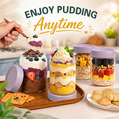 16 oz Overnight Oats Containers with Lids, 6 Pack Wide Mouth Mason Jar with Lid, Yogurt Containers with Lids for Kitchen, Glass Jars for Storage, Pudding, Chia, Prep, Snack, Sugar, (Purple)