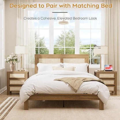 XIAO WEI Set of 2 3 Drawers Rattan Nightstand with Charging Station, Boho Bedside Table, Farmhouse End Table for Bedroom, Wood Accent Bed Side Table with Storage, Reclaimed Light Oak