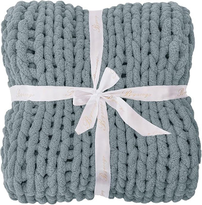 Bigacogo Chunky Knit Throw Blanket for Couch, 40x80 inches, 100% Hand Knitted with Thick Jumbo Chenille Yarn, Cozy Soft Large Rope Knot Cable Crochet Blankets for Sofa Bed Living Room, Dusty Blue