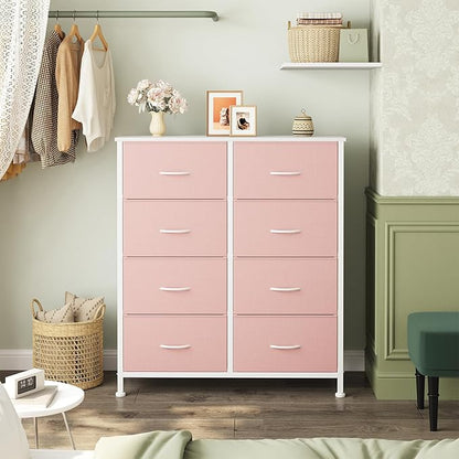 OLIXIS 8 Drawer Storage Dresser with Wood Top - Wide Fabric Chest Organizer for Bedroom, Closet, Living Room,Tower Cabinet, TV Stand, Hallway Entryway Furniture,Pink