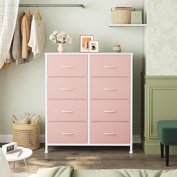 Sweetcrispy 8 Drawer Fabric Dresser for Bedroom, Tall Double Dresser Chest of Drawers with Sturdy Steel Frame and Wooden Top, Closet Living Room Storage Organizer with Easy Pull Handles,Pink