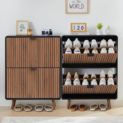 Fluted Shoe Cabinet Storage for Entryway,Slim Shoe Cabinet with 2 Flip Drawers, Narrow Shoes Rack Organizer (All Walnut, 2 Drawers)