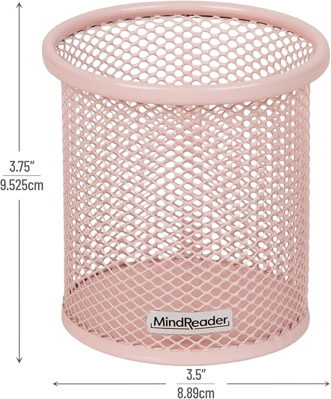 Mind Reader Pen and Accessories Holder, Desktop Organizer, Office, Metal Mesh, 3.5"L x 3.5"W x 3.75"H, Set of 3, Pink
