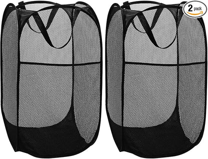 BATTOO Deluxe Strong Mesh Pop up Laundry Hamper Basket with Side Pocket for Laundry Room, Bathroom, Kids Room, College Dorm or Travel 2 Pack Black