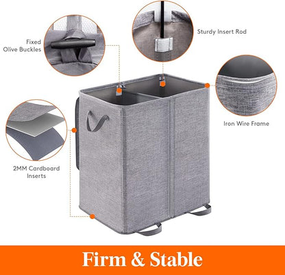 Lifewit Double Laundry Hamper with Lid and Removable Laundry Bags, Large Collapsible 2 Dividers Dirty Clothes Basket with Handles for Bedroom, Laundry Room, Closet, Bathroom, College, 155L Grey