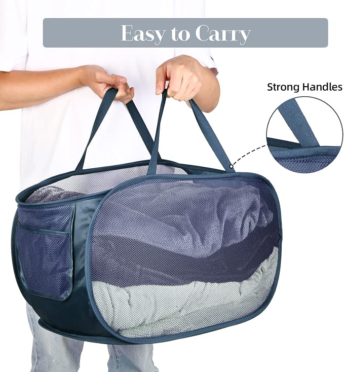 4 Pack Collapsible Laundry Baskets, Foldable Laundry Basket with Pocket, Durable Pop Up Hampers, Reinforced Handles Dirty Clothes Hamper for Laundry, Bedroom, Bathroom, Dorm, Travel or Camping Navy