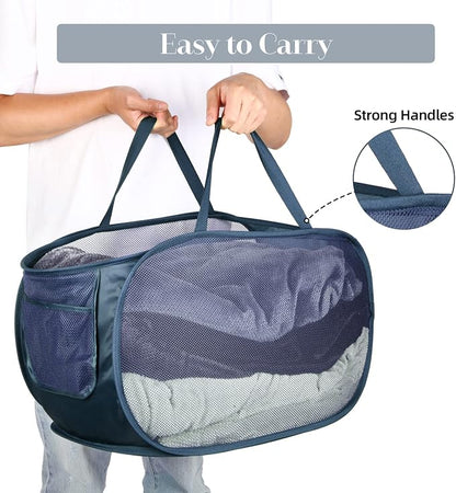 4 Pack Collapsible Laundry Baskets, Foldable Laundry Basket with Pocket, Durable Pop Up Hampers, Reinforced Handles Dirty Clothes Hamper for Laundry, Bedroom, Bathroom, Dorm, Travel or Camping Navy