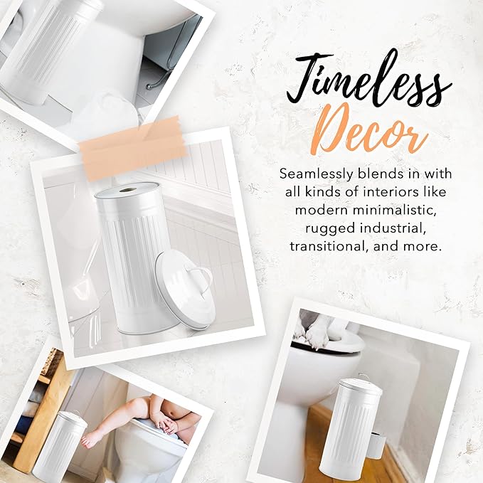Autumn Alley White Toilet Paper Holder Canister with Lid – Vertical Rustproof Free-Standing Farmhouse Metal Toilet Tissue Caddy for 3 Mega Rolls, Rustic Enclosed Toilet Storage Stand