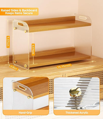 2 Tier Coffee Station Organizer - Acrylic & Pine Wood coffee bar shelf, Easy-to-Clean matcha station for Kitchen Countertops, for Placing Mugs, Coffee Beans, Syrup, Cups etc.(15.75" x6.18" x 9.37")