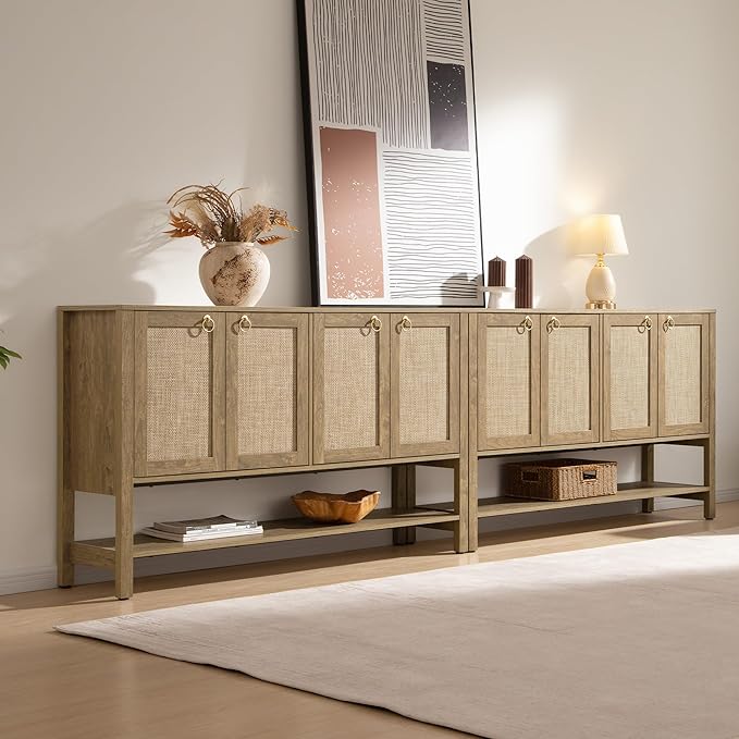SICOTAS Rattan Sideboard Buffet Cabinet with Open Storage - Large Storage Cabinet with 4-Doors and Adjustable Shelves, Boho Credenza Coffee Bar Cabinets Buffet Table Console Table for Kitchen,Hallway