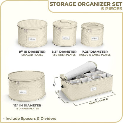 Sorbus China Storage Containers - 5 Pc Quilted Set for Moving & Transporting Dinnerware, Dishes, Round Plates, Glassware, Cups & Mugs with Felt Plate Protectors - Fine China Glass, Plate Storage Cases