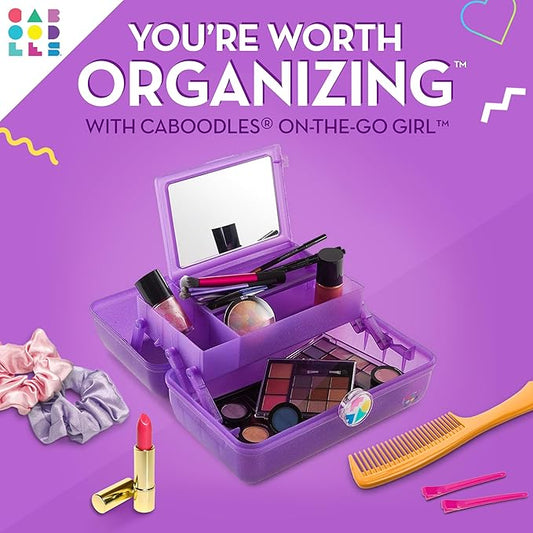 Caboodles On-The-Go Girl Makeup Box, Purple Sparkle, Hard Plastic Makeup Organizer Box, Built-In Mirror, Secure Latch for Safe Travel, Spacious Storage for Large Items