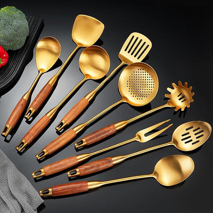 Gold Kitchen Utensils Set, 9 PCS 18/10 Stainless Steel Cooking Utensils with Wood Handle, Solid and Slotted Spoon, Fork, Spatula, Ladle, Skimmer, Slotted Tunner, Spaghetti and Large Spoon