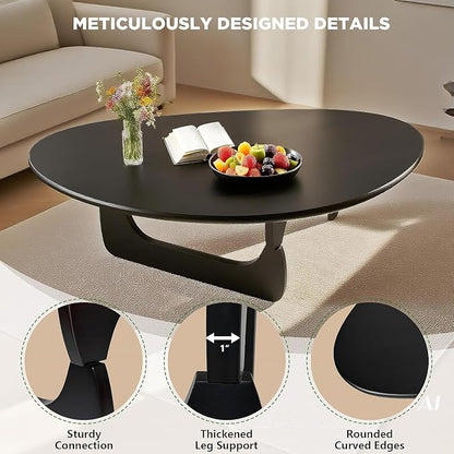 Solid Wood Triangle Coffee Table,Unique Mid Century Modern Oval Coffee Table,Irregular Geometric Tea Tables for Home Living Room with Wooden Tabletop and Reinforced Legs Black 43" L x 31" W x 16" H