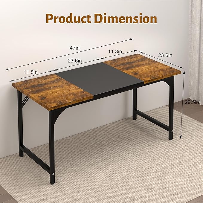 AZN Computer Desk, 47in Computer Desk, Gaming Office Desk w/Carbon Fiber Tabletop, Gaming Office Desk w/Sturdy Metal Frame, Home Office Desks w/Large Legroom for Game Work Study Writing,RusticBrown
