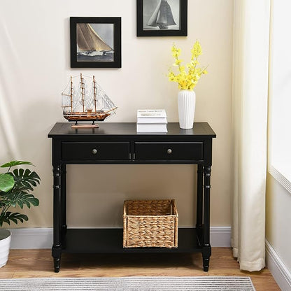 Solid Wood Console Table with 2 Drawers, 2-Tier 35.4" X 30" Accent Sofa Table with Multilayer Storage Shelf Rustic Hall Entryway Tables for Living Room Home Office-Black