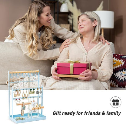 ProCase Jewelry Organizer Stand Necklace Organizer Earring Holder, 6 Tier Jewelry Stand Necklace Holder with 15 Hooks, Jewelry Tower Display Rack Storage Tree for Bracelets Earrings Rings -Blue