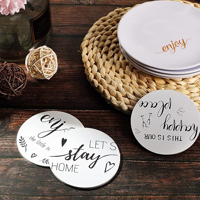 Queekay Coasters Set of 6 House Warming Gifts New Home Wooden Farmhouse Drink Coasters with Holder 4'' Funny Decoration for Kitchen Family Coffee Bar Tabletop Protection(White,Gray)