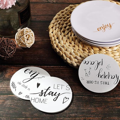 Queekay Coasters Set of 6 House Warming Gifts New Home Wooden Farmhouse Drink Coasters with Holder 4'' Funny Decoration for Kitchen Family Coffee Bar Tabletop Protection(White,Gray)