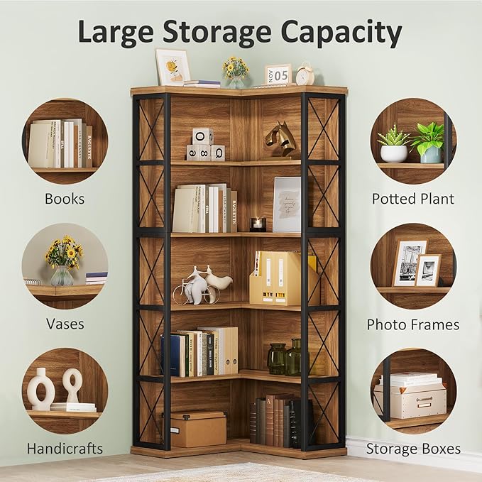 Condemo 5-Tier L Shaped Bookshelf, Vintage Industrial Corner Bookcase, Large Tall Storage Shelves Display Rack with Metal Frame for Living Room, Home Office, Bedroom, Light Brown