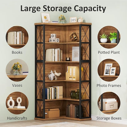 Condemo 5-Tier L Shaped Bookshelf, Vintage Industrial Corner Bookcase, Large Tall Storage Shelves Display Rack with Metal Frame for Living Room, Home Office, Bedroom, Light Brown