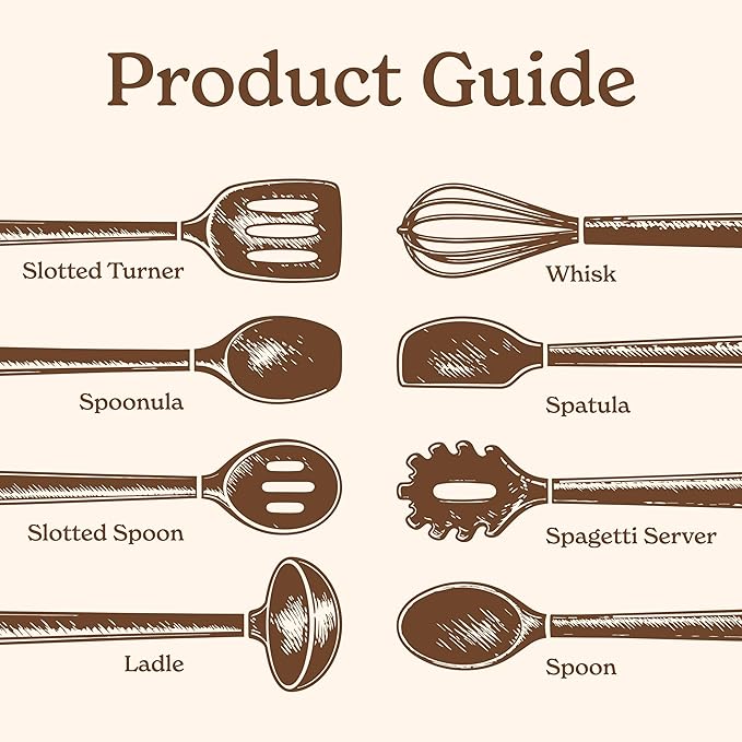 Country Kitchen Non Stick Silicone Utensil Set with Rounded Wood Handles for Cooking and Baking, 8 Piece Set, Khaki
