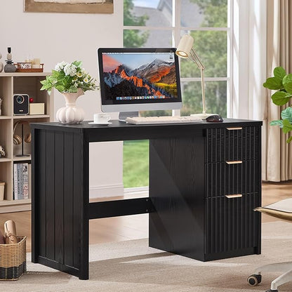 48" Modern Fluted Executive Desk with Storage Cabinet, Large Wood Home Office Desk with Golden Handles & File Drawer, Black Computer Writing Table for Office,Study, Living Room, Bedroom