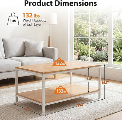 SUPER DEAL 2-Tier Industrial Coffee Table with Storage Shelf for Small Apartment Living Room, Rectangle Wood and Stable Metal TV Stand Side End Table, Natural Wood