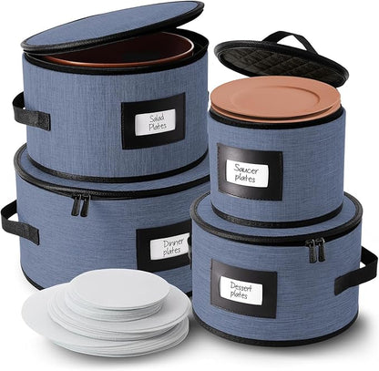 Fine China Storage Containers Hard Shell, 4 Piece Dish Storage Containers, Quilted Plate Containers, Stackable Dish Organizer with Dividers, Dinnerware Storage for Moving and Seasonal Storage, Blue